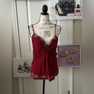 Y2K SO Lace Trim Cami Top Burgundy Red Cotton Modal XL